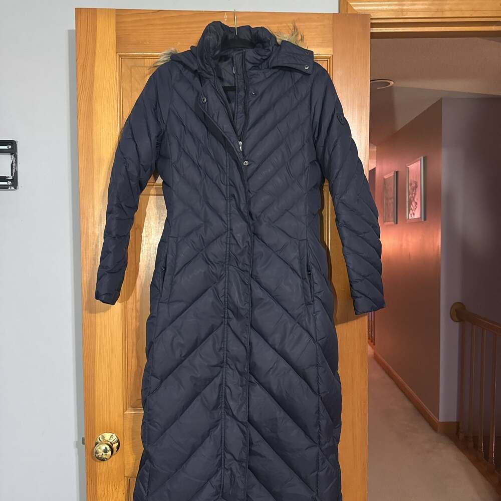 Larry Levine Navy Long Quilted Puffer Coat with Hood